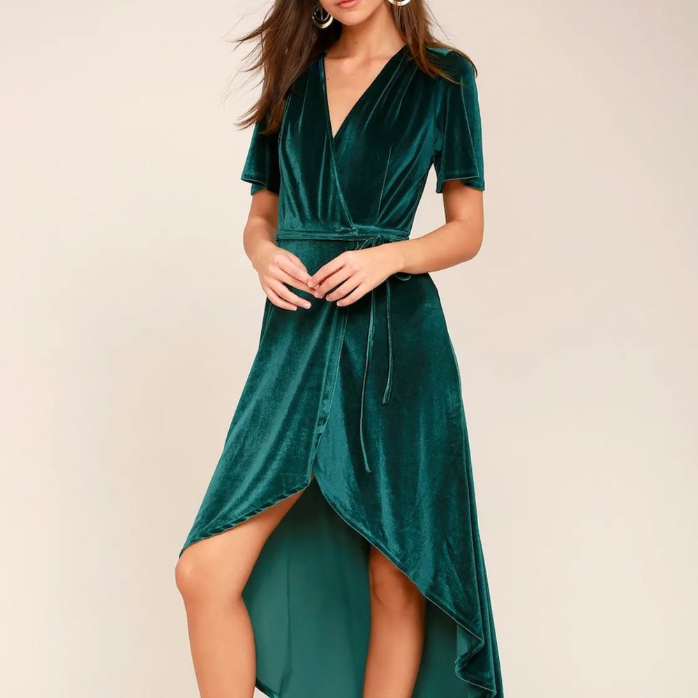 Lulus Teal Green Velvet High-Low Wrap Dress (XS)